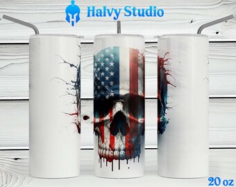 Skull US Flag #0001 sublimatie ontwerp voor 15oz, 20oz recht, 20oz taps toelopend en 30oz Skinny Tumblers, Digitale Download, originele kunstwerken