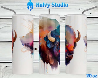 Waterverf Bison, Pastels, #0009 sublimatieontwerp voor 15oz, 20oz recht, 20oz taps toelopend en 30oz Skinny Tumblers, Digitale Download
