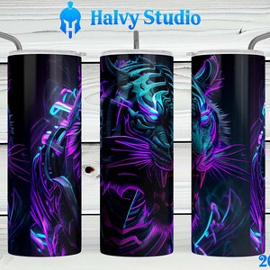 Neon Tron Tiger, Jungle #0053 sublimation design for 15oz, 20oz straight, 20oz tapered, and 30oz Skinny Tumblers, Digital Download