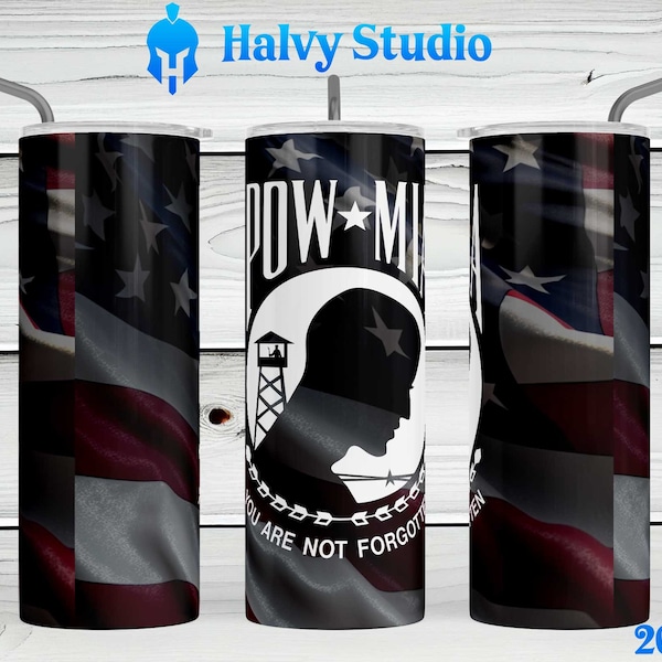 POW MIA with US Flag #0199 sublimation design for 15oz, 20oz straight, 20oz tapered, and 30oz Skinny Tumblers, Digital Download