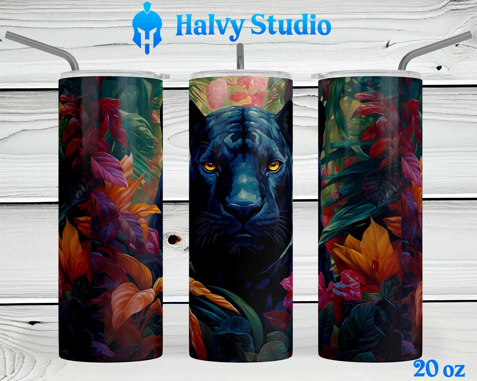 Watercolor Black Panther #0127 sublimation design for 15oz, 20oz straight, 20oz tapered, and 30oz Skinny Tumblers, Digital Download
