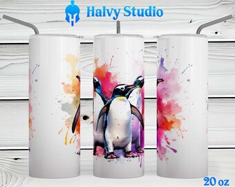Watercolor Paint Splash Penguins #0163 sublimation design for 15oz, 20oz straight, 20oz tapered, and 30oz Skinny Tumblers, Digital Download