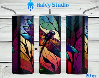 Stained Glass Dragonfly #0061 sublimatie ontwerp voor 15oz, 20oz rechte, 20oz taps toelopende en 30oz magere tuimelaars, digitale download