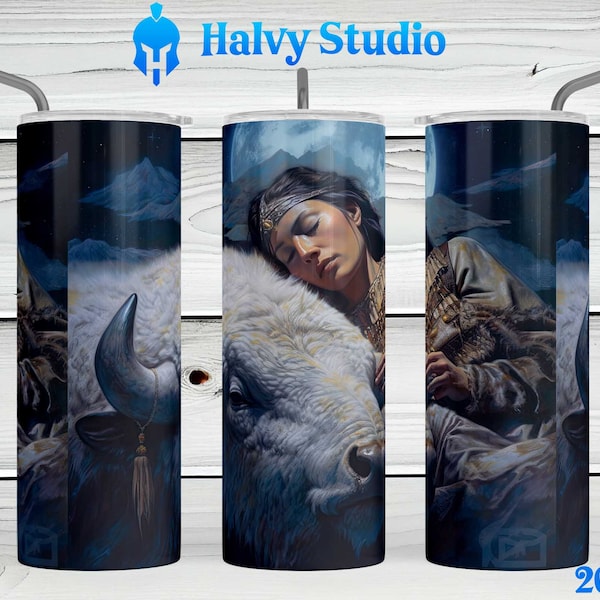 Lakota Woman White Bison #0142 sublimation design for 15oz, 20oz straight, 20oz tapered, and 30oz Skinny Tumblers, Digital Download