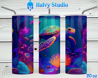 Zeeschildpad, Neon #0015 sublimatieontwerp voor 15oz, 20oz recht, 20oz taps toelopend en 30oz Skinny Tumblers, Digitale Download