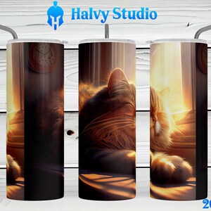 May include: A 20 ounce stainless steel tumbler with a design of a cat sleeping in the sun. The cat is brown and white and is lying on a bed of soft fabric. The sun is shining through a window behind the cat.