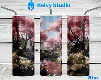 Cherry Blossom Stream #0123 sublimatieontwerp voor 15oz, 20oz rechte, 20oz taps toelopende en 30oz magere tuimelaars, digitale download