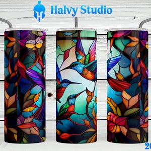 Stained Glass Hummingbirds #0032 sublimation design for 15oz, 20oz straight, 20oz tapered, and 30oz Skinny Tumblers, Digital Download