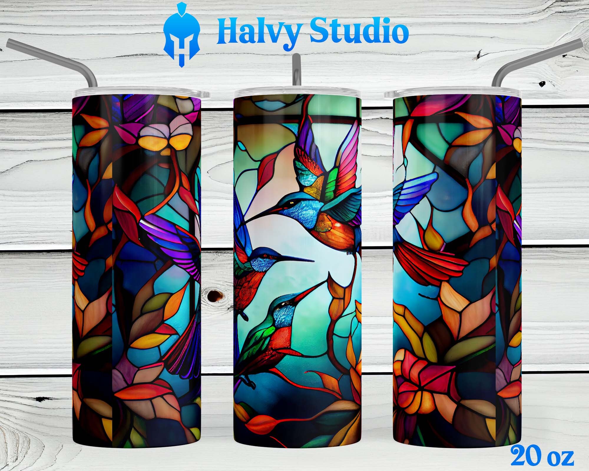Stained Glass Hummingbirds #0032 sublimation design for 15oz, 20oz straight, 20oz tapered, and 30oz Skinny Tumblers, Digital Download