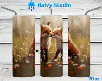 Watercolor Foxes #0120 sublimation design for 15oz, 20oz straight, 20oz tapered, and 30oz Skinny Tumblers, Digital Download