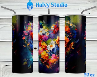 Flower Heart #0041 sublimation design for 15oz, 20oz straight, 20oz tapered, and 30oz Skinny Tumblers, Digital Download