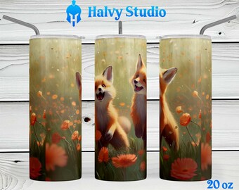 Adorable Foxes Playing #0119 sublimation design for 15oz, 20oz straight, 20oz tapered, and 30oz Skinny Tumblers, Digital Download