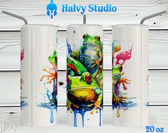 Aquarelverf Splash Frogs #0045 sublimatieontwerp voor 15oz, 20oz recht, 20oz taps toelopend en 30oz Skinny Tumblers, Digitale Download