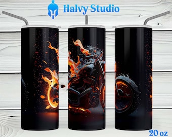 Motorcycle on Fire #0079 sublimation design for 15oz, 20oz straight, 20oz tapered, and 30oz Skinny Tumblers, Digital Download