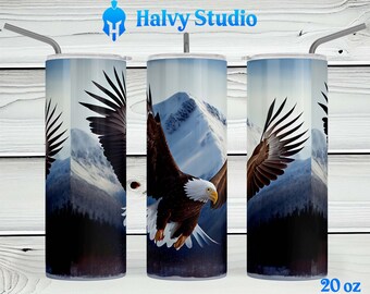 Bald Eagle w/ Mountain #0064 sublimatieontwerp voor 15oz, 20oz rechte, 20oz taps toelopende en 30oz magere tuimelaars, digitale download