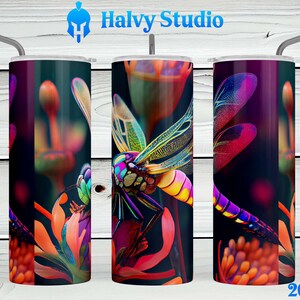 Neon Dragonfly #0060 sublimation design for 15oz, 20oz straight, 20oz tapered, and 30oz Skinny Tumblers, Digital Download