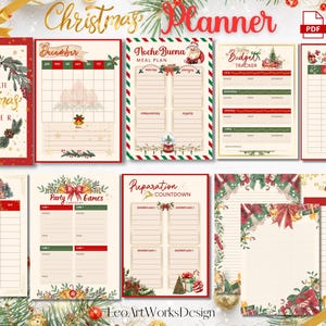 May include: Printable Christmas planner with a red and green color scheme. The planner includes sections for a December calendar, Noche Buena meal plan, budget tracker, gift list, decoration checklist, party games, preparation countdown, and grocery list.