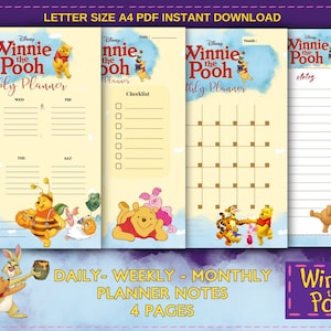 Winnie The Pooh Daily, Weekly - Monthly Planner Notes 4 PAGES  Printable A4  PDF JPG Png Download and Edit Canva