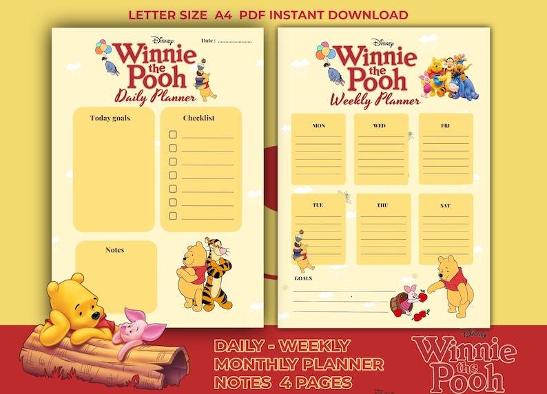Winnie the Pooh Daily, Weekly - Monthly Planner Notes 4 PAGES Printable ...