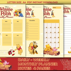 Winnie The Pooh Daily, Weekly - Monthly Planner Notes 4 PAGES  Printable A4  PDF JPG Png Download and  Edit  Canva
