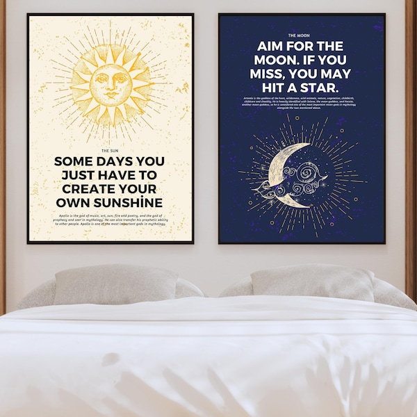 Sun and Moon Wall Art Set of 2, Day and Night Art, Navy blue Gold Mid century Landscape,Wall Decor, Above the bed Prints, Instant Download