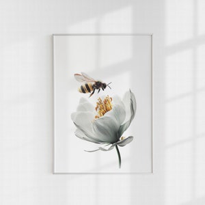 Bee Decor Wall Art, Printable Bees & Flowers, Digital Print, White Flowers, Art Prints, Wall Art, Printable Wall Art, Bee Wall Art