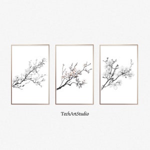 Prints Set,Wall Art Set,Japanese Cherry Blossom,Set of 3 Prints,Line Art Print Download,Wall Decor,Line Art Cherry Blossom, Line Art Print
