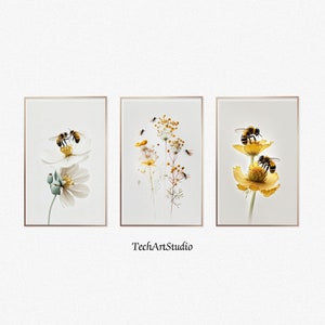 Print Set of 3 Bee, Bee Decor, Bee Wall Art, Bees and Flowers, Printable Wall Art, Printable Art Prints, Printable Bees, White Flowers