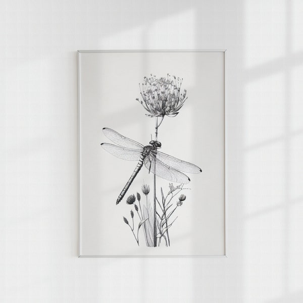 Dragonfly and Wildflower Digital Wall Art Download - Beautiful Line Drawing, High-Quality Printable Artwork for Home Decor