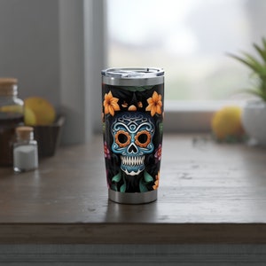 Vaso de calavera de azúcar de 20 oz, vaso con patrón del Día de los Muertos, vaso navideño mexicano, regalo para un amigo, regalo del Día de los Muertos con calavera de azúcar para la familia