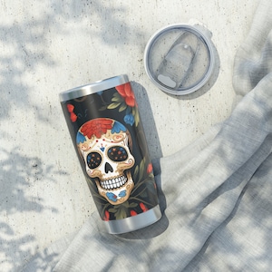 Día del Día Vaso de 20 oz con diseño de calaveras de azúcar, vaso de vacaciones mexicano, regalo para un amigo, Día de los Muertos, regalo de calavera de azúcar para la familia