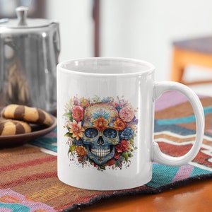 Sugar Skull 11oz Coffee Mug Dia de los Muertos Day of the Dead Gift for Family Colorful Sugar Skull Mexican Art Ceramic Mug Gift for Friends
