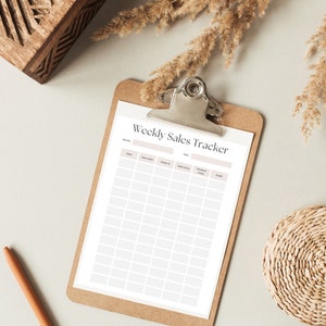 May include: A wooden clipboard holds a "Weekly Sales Tracker" sheet. The sheet has columns for date, items sold, order #, sale price, product costs, and profit. Dried plants and a woven coaster are in the background.