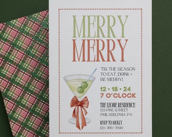 Könnte beinhalten: Eine Weihnachtsfeier-Einladung mit einem grün-rot karierten Umschlag. Die Einladung zeigt ein Martini-Glas mit Oliven, eine rote Schleife und den Text "Merry Merry Tis the season to eat, drink, be merry! 12.18.24 7 o'clock The Leone Residence 123 Pine Street Philadelphia PA RSVP to Molly 123-456-7800"
