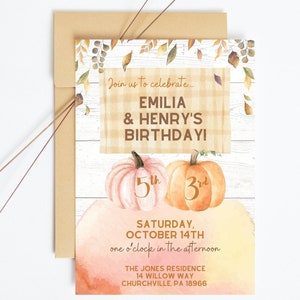 Convite para festa de aniversário infantil de outono, modelo de convite editável, download de convite de aniversário infantil, festa de aniversário com tema outono, abóbora