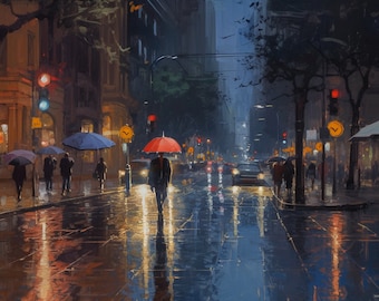 Original Artwork, Rainy Nights in Boston, Open Edition Canvas, &quot;Rainy Nights&quot; Collection