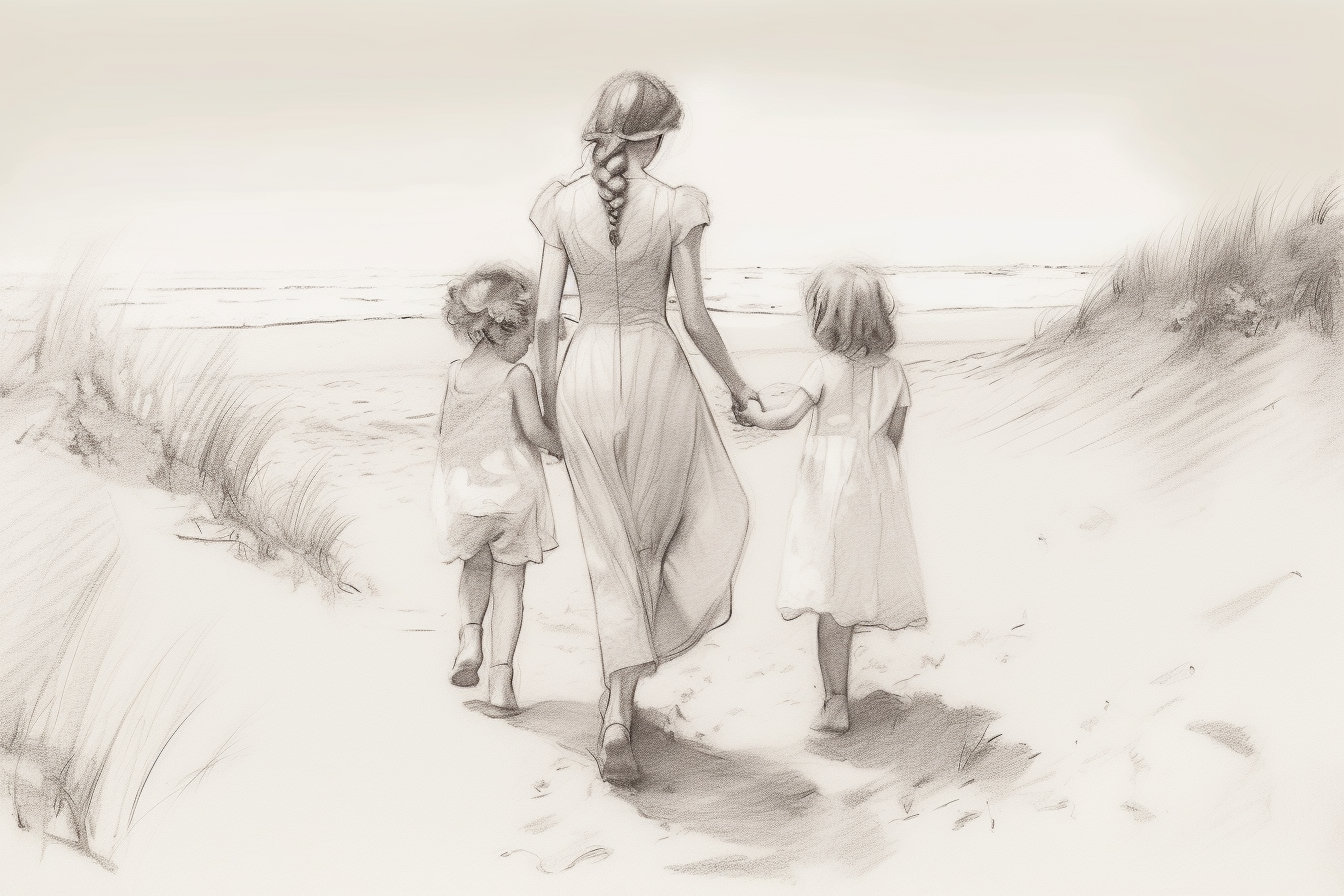 Original Art, Mother with Daughters, Toward the Horizon Pencil Sketch Study, By the Sea collection