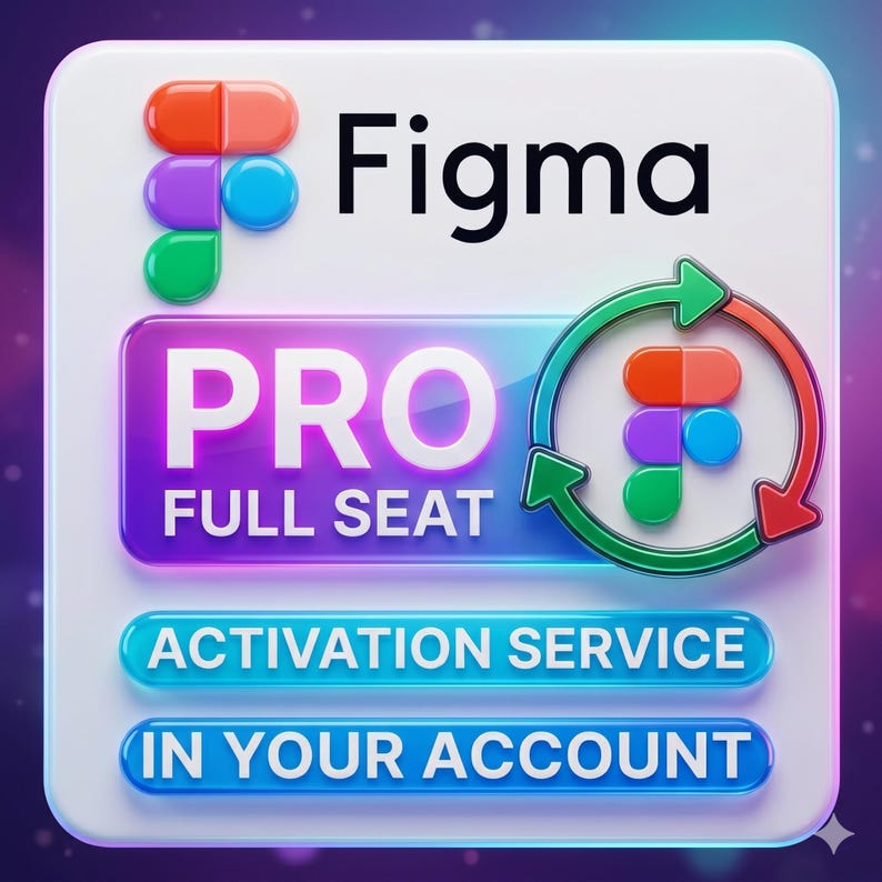 Pu&ograve; includere: Grafica digitale con la parola "Figma" in testo nero. L'immagine presenta un logo colorato e le parole "PRO FULL SEAT ACTIVATION SERVICE IN YOUR ACCOUNT" in testo bianco e blu. &Egrave; presente anche una grafica circolare con frecce e il logo.
