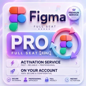 May include: A digital graphic featuring the Figma logo with text reading Figma Full Seat Pro Full Seat [EDU]. It includes a Premium Service badge, Activation Service, and On Your Account labels with icons for a lightning bolt, rocket, shield, and clock.