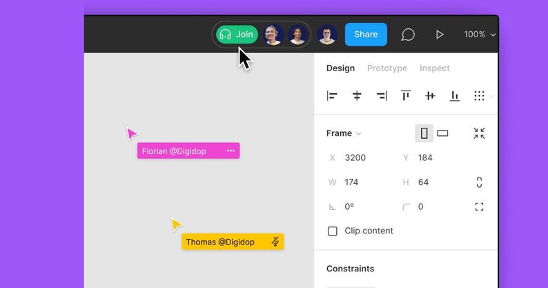 Pu&ograve; includere: Interfaccia digitale con una barra superiore nera con un pulsante verde "Join" e un pulsante "Share". Vengono visualizzate le icone degli utenti. Sono visibili anche due caselle di testo con nomi utente e handle.