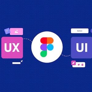 Pu&ograve; includere: Illustrazione grafica su sfondo blu scuro, con le lettere "UX" e "UI" in quadrati rosa e viola. Un logo circolare centrale con segmenti colorati collega i due. Elementi di design aggiuntivi, icone ed etichette di testo.