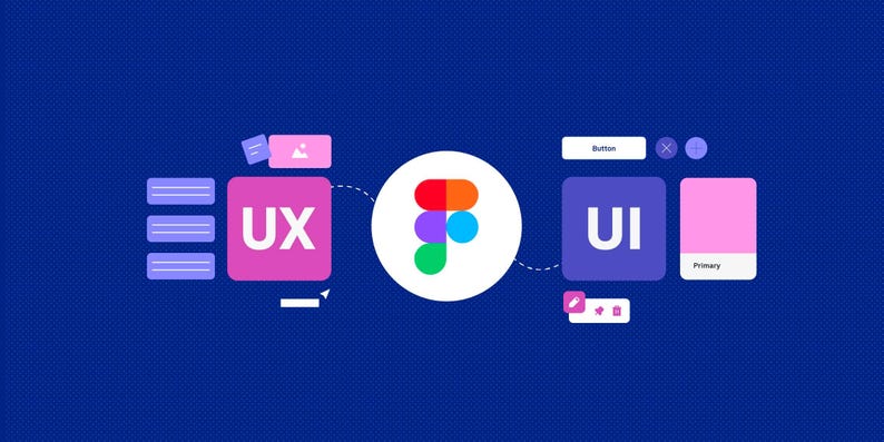 Pu&ograve; includere: Illustrazione grafica su sfondo blu scuro, con le lettere "UX" e "UI" in quadrati rosa e viola. Un logo circolare centrale con segmenti colorati collega i due. Elementi di design aggiuntivi, icone ed etichette di testo.