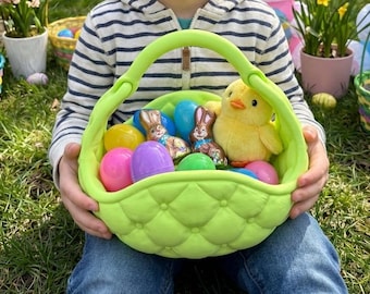 Tufted Easter Basket with Handle, Quilted Egg Hunt Basket, Spring Decor, Treat Basket