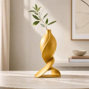 Könnte beinhalten: Eine senfgelbe Vase mit einer glatten, gedrehten, skulpturalen Form, die sich von einer breiten, geschwungenen Basis nach oben zu einem schmalen Hals windet. Ein einzelner grüner Zweig mit mehreren kleinen, spitzen Blättern steckt in der Öffnung.