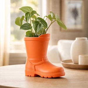 Könnte beinhalten: Ein leuchtend orangefarbener Keramikübertopf in Form eines Gummistiefels, der eine grüne Pflanze mit herzförmigen Blättern enthält. Der Stiefel hat eine glatte, matte Oberfläche, einen ausgeprägten Absatz und eine strukturierte Sohle.