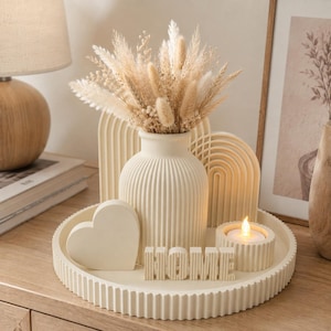 Japandi Decor Set with LED Candle, 7 Piece Modern Home Decor, Minimalist Tray and Vase Set, Scandinavian Decor, House warming Gift