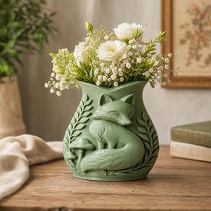 Könnte beinhalten: Eine salbeigrüne Keramikvase mit einem erhabenen Reliefdesign, das einen Fuchs neben einem Pilz zeigt, umgeben von Blattzweigen. Die Vase ist mit einem Strauß weißer Blumen gefüllt, darunter Ranunkeln und Schleierkraut.