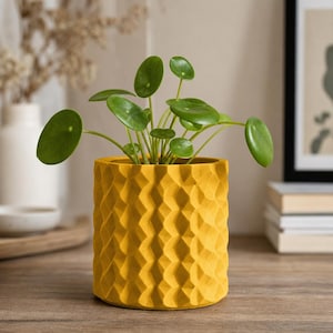 Può includere: Un vaso per piante cilindrico di colore giallo vivace con una superficie strutturata a motivo geometrico a rombi. Una pianta di Pilea peperomioides verde con foglie rotonde e piatte cresce dalla parte superiore del vaso, creando contrasto.