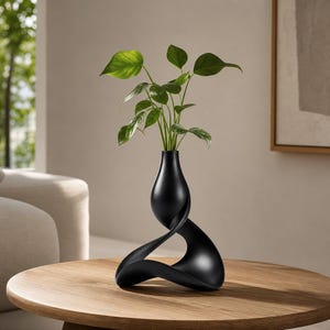 Könnte beinhalten: Eine mattschwarze Vase mit skulpturalem, gedrehtem Fuß und engem Hals, in der eine grüne Pflanze mit mehreren Stielen steht. Die Vase hat eine durchgehende, fließende Form, die sich von einem breiten, offenen Fuß zu einem bauchigen Mittelteil wölbt.