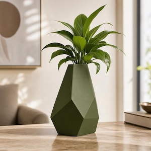 Könnte beinhalten: Eine matte olivgrüne Vase mit geometrischer, mehrfach facettierter Form. Die Vase hat einen breiten Boden, der sich nach oben hin verjüngt, und enthält eine üppige, leuchtend grüne Blattpflanze mit spitzen, länglichen Blättern.